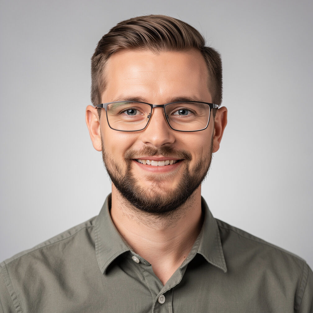 Studio portrait of a young German male data analyst