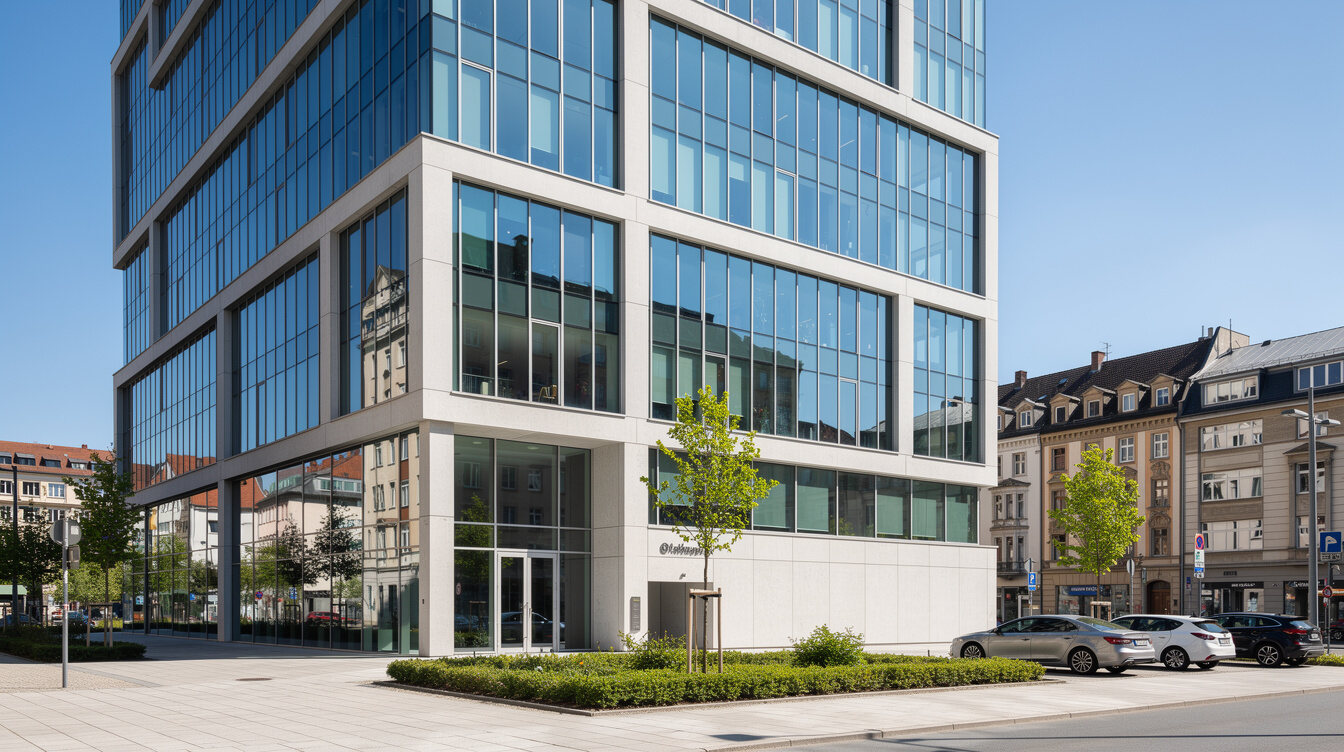 Contemporary glass office building exterior in a German city